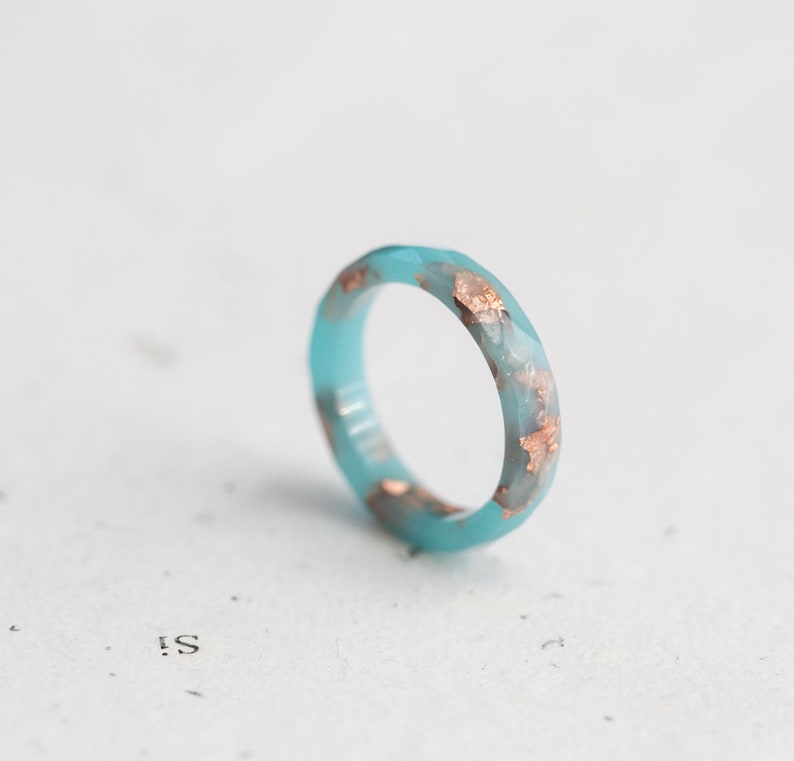 Something Blue Resin Ring Rose Gold Flakes Hypoallergenic Ring OOAK image 3