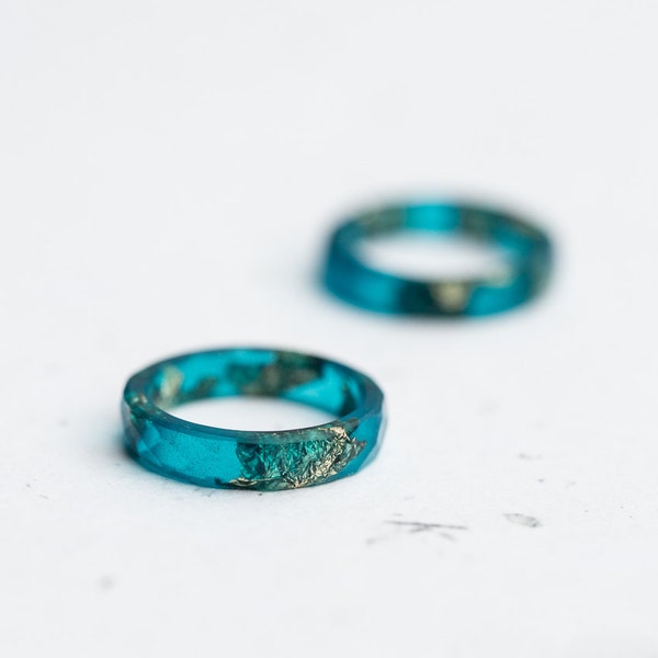 Turquoise Blue Resin Stacking Ring Gold Flakes Thin Faceted Ring OOAK boho minimalist jewelry teal minimal chic