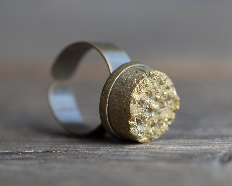 Gold Druzy Ring Adjustable Cocktail Statement Ring OOAK drusy agate boho jewelry raw rustic woodland organic design image 4