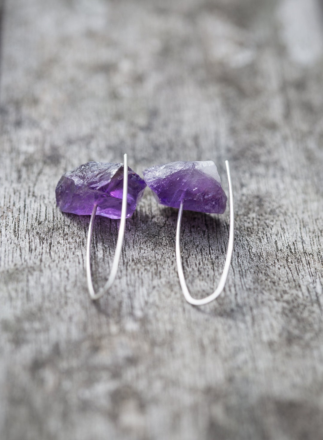 Raw Amethyst Modern Hook Earrings Argentuim Sterling Silver Handmade ...