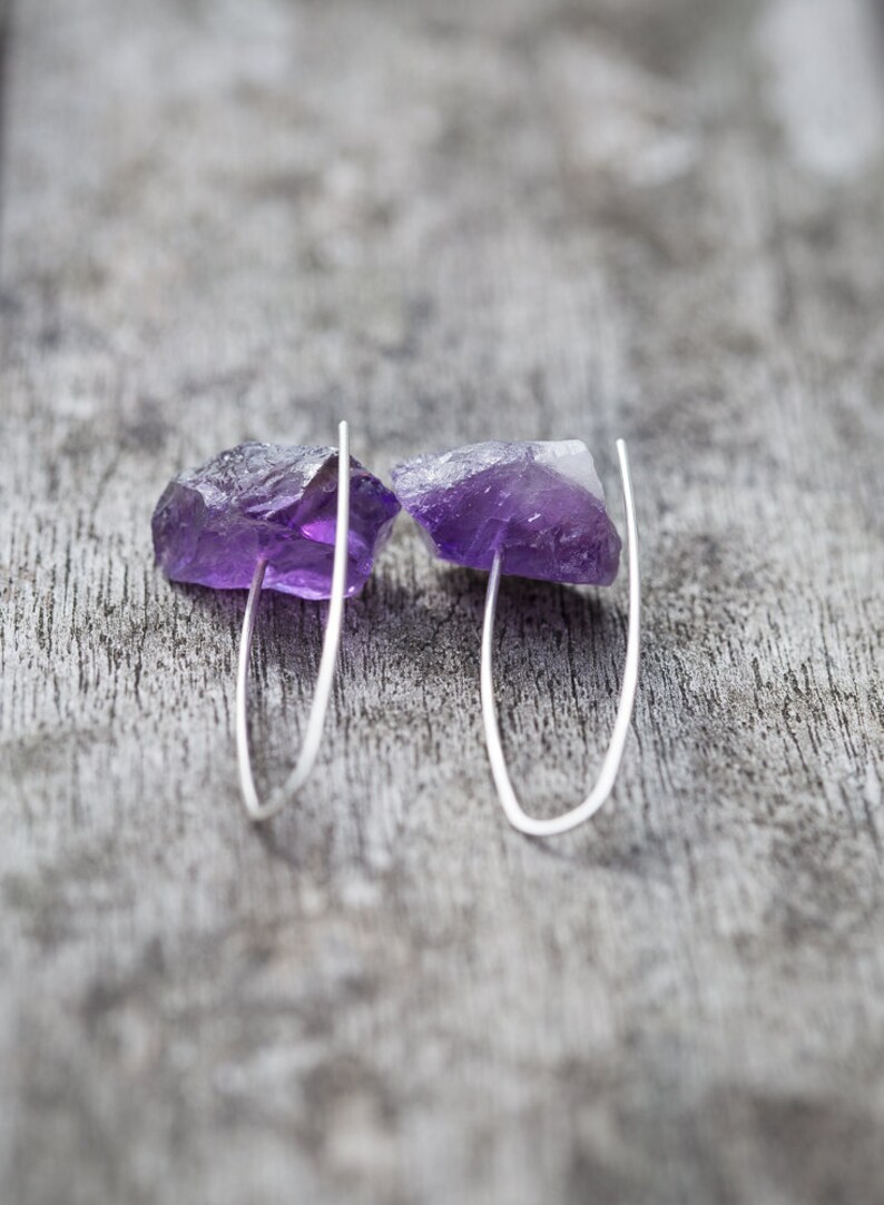 Raw Amethyst Modern Hook Earrings Argentuim Sterling Silver Handmade Summer Minimalist Jewelry minimal chic image 1