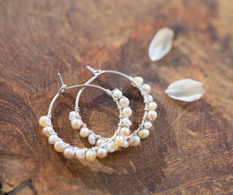 Hoop Earrings Pastel Pearls Argentium Sterling Silver peach june birthstone bridal fashion image 3