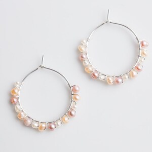 Hoop Earrings Pastel Pearls Argentium Sterling Silver peach june birthstone bridal fashion image 4