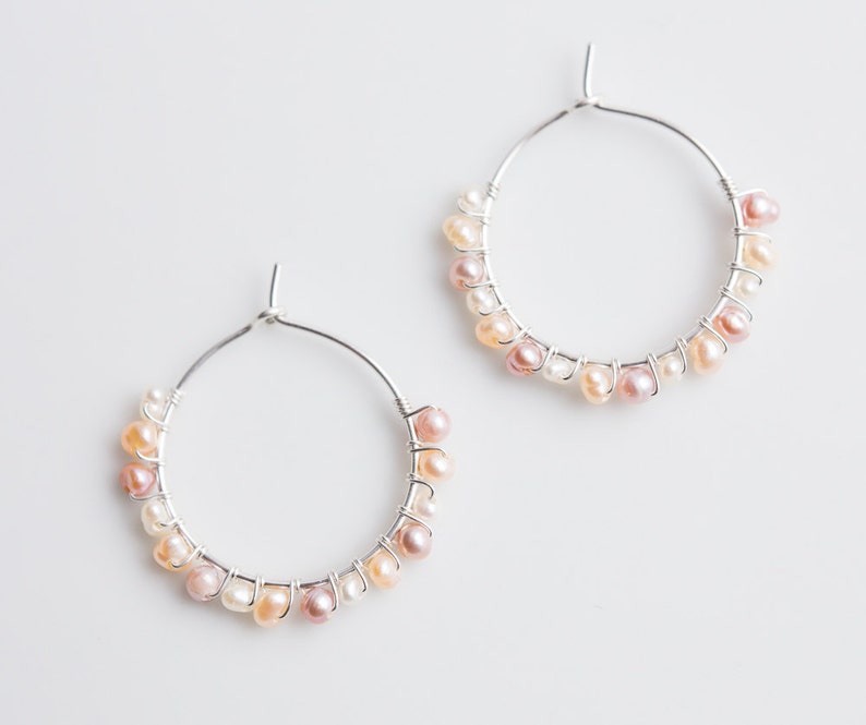 Hoop Earrings Pastel Pearls Argentium Sterling Silver peach june birthstone bridal fashion image 4