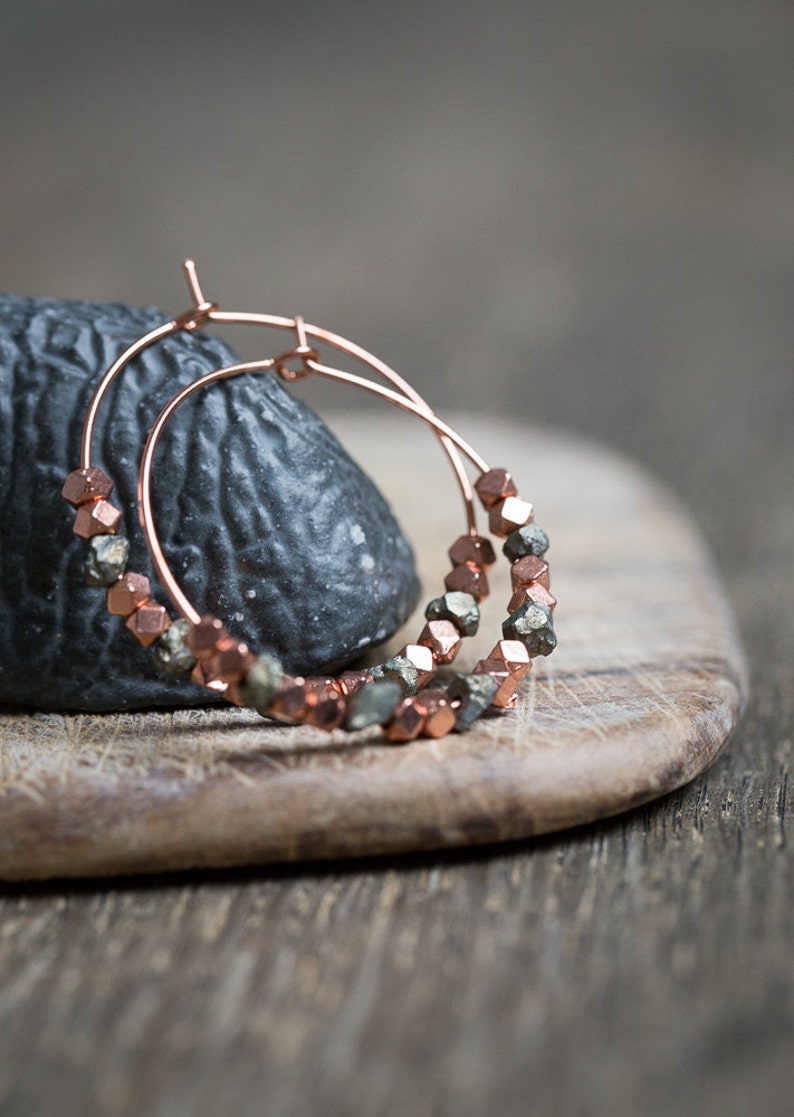 Pyrite Hoop Earrings Rose Gold Brass Modern boho Jewelry rough pyrite hoops minimal chic image 1