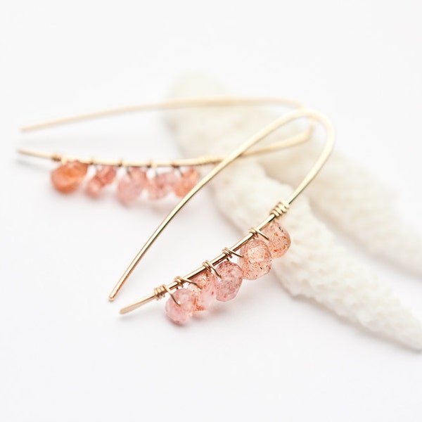 Modern Simple Hook Earrings14K Gold Peach Sunstone Wire Wrapped hoops pastel pink Minimalist design minimal chic