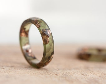 Stacking Resin Ring Deep Lichen Olive Green Rose Gold Flakes Faceted Ring OOAK