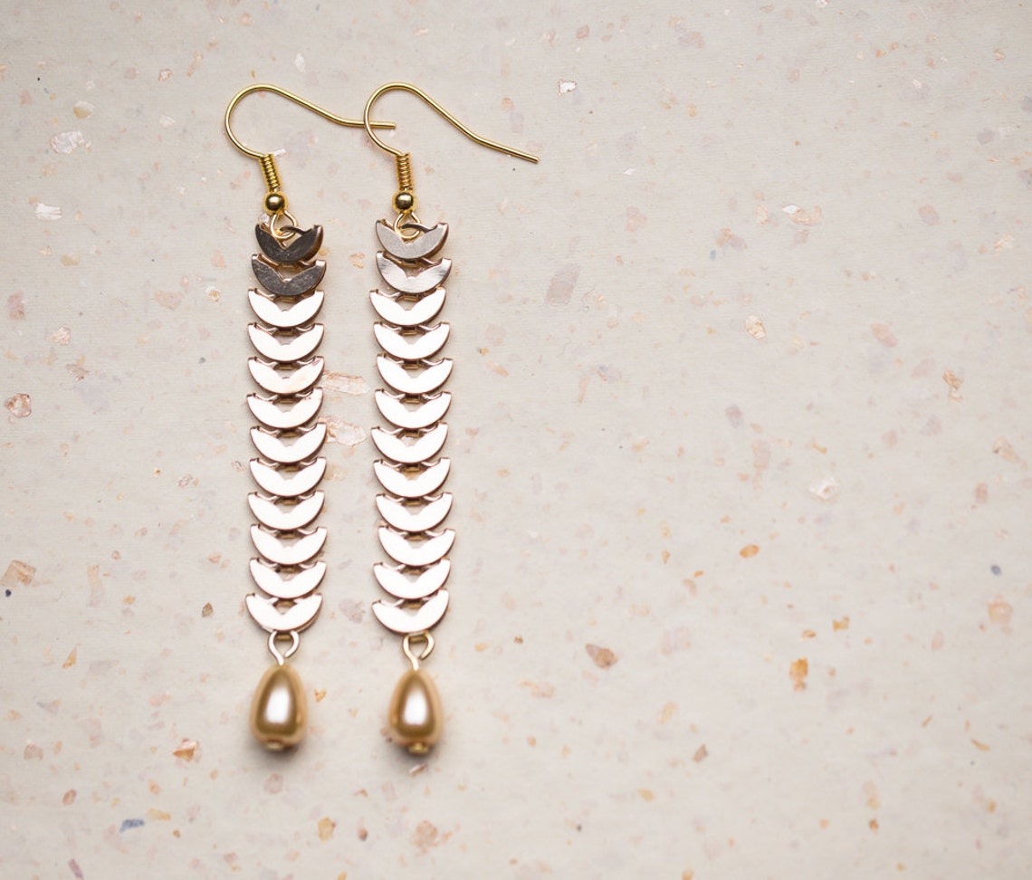 Long Dangle Gold Chain Earrings Gold Drop Beads Boho Glam Gold Etsy