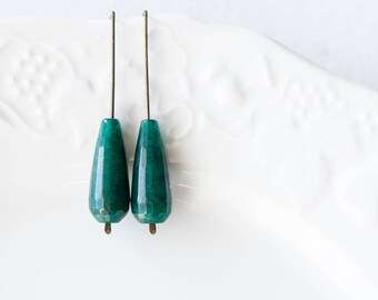 Handmade Brass Drop Earrings: Teal Green Jade Geometric Jewelry