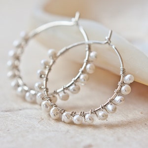 Hoop Earrings White Pearls Argentium Sterling Silver wire wrapped june birthstone wedding bridal fashion