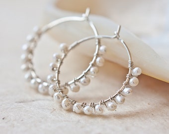 Hoop Earrings White Pearls Argentium Sterling Silver wire wrapped june birthstone wedding bridal fashion
