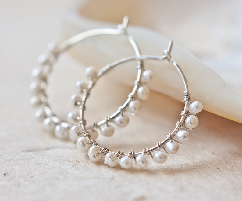Hoop Earrings White Pearls Argentium Sterling Silver wire wrapped june birthstone wedding bridal fashion 