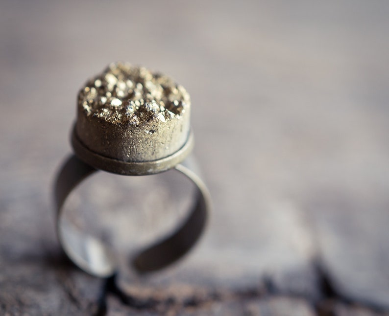 Gold Druzy Ring Adjustable Cocktail Statement Ring OOAK drusy agate boho jewelry raw rustic woodland organic design 画像 1