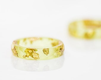 Lime Resin Ring Yellow Stacking Ring Gold Flakes Small Faceted Ring OOAK minimal chic jewelry