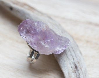 Huge Raw Amethyst Ring Adjustable Statement Cocktail Ring OOAK Boho jewelry february birthstone