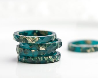 Teal Resin Stacking Ring Gold Flakes Thin Faceted Ring OOAK boho minimalist jewelry deep teal emerald