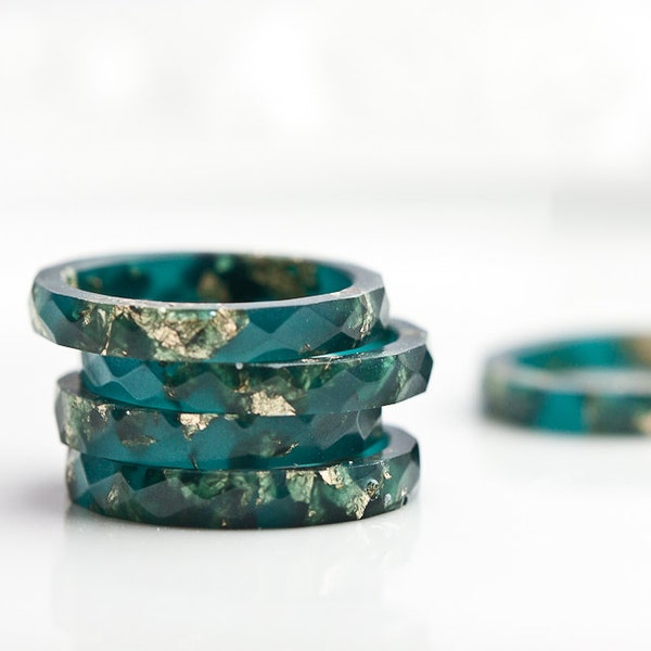 Teal Resin Stacking Ring: Gold Flakes Faceted Boho Jewelry