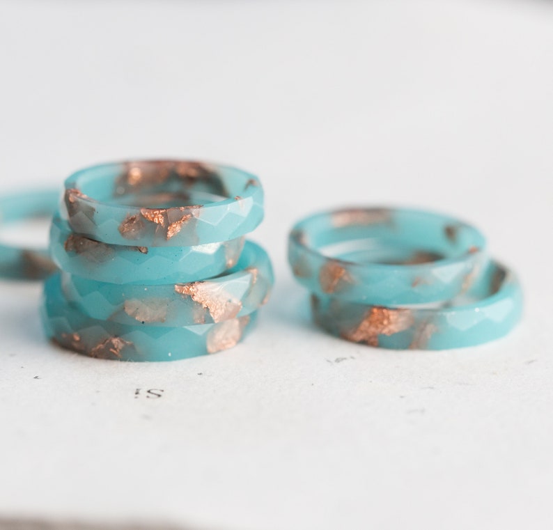 Something Blue Resin Ring Rose Gold Flakes Hypoallergenic Ring OOAK image 1