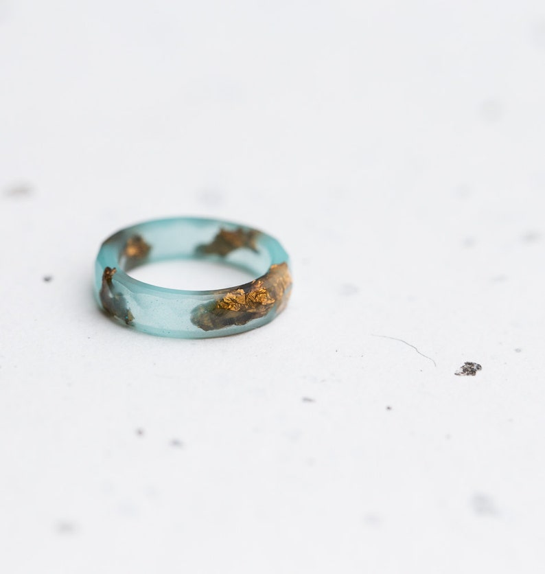 Mint Resin Ring Gold Flakes Small Faceted Stacking Ring OOAK pastel mint ring aqua brown minimalist jewelry image 3