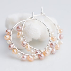 Hoop Earrings Pastel Pearls Argentium Sterling Silver peach june birthstone bridal fashion