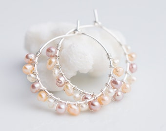 Hoop Earrings Pastel Pearls Argentium Sterling Silver peach june birthstone bridal fashion