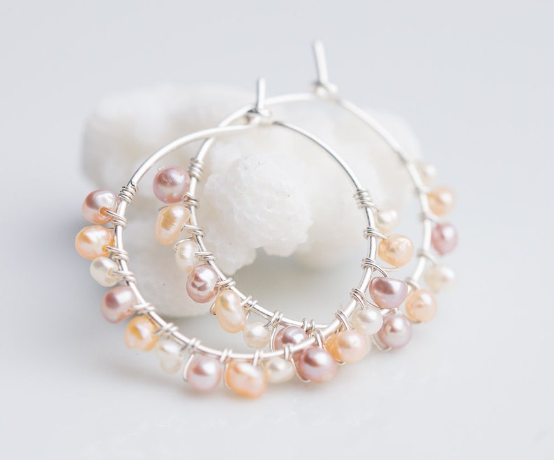 Hoop Earrings Pastel Pearls Argentium Sterling Silver peach june birthstone bridal fashion image 1