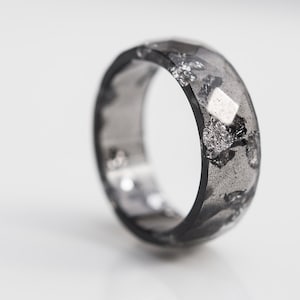 Black Resin Ring Men Ring Silver Flakes Big Size 12 Faceted Ring OOAK minimalist eco jewelry