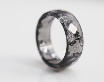 Black Resin Ring Men Ring Silver Flakes Big Size 12 Faceted Ring OOAK minimalist eco jewelry