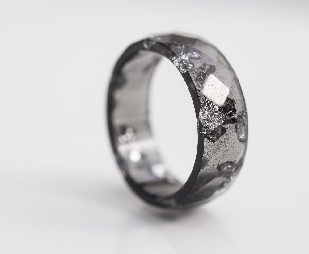 Black Resin Ring Men Ring Silver Flakes Big Size 12 Faceted Etsy