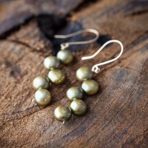 Willow Green Pearl Dangle Earrings 14K gold filled Olive Khaki bridesmaid jewelry weddings june birthstone image 8