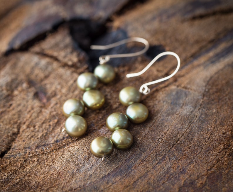 Willow Green Pearl Dangle Earrings 14K gold filled Olive Khaki bridesmaid jewelry weddings june birthstone image 8