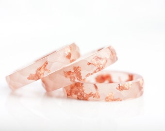 Peach Resin Stacking Ring Rose Gold Flakes Small Faceted Ring OOAK minimalist jewelry