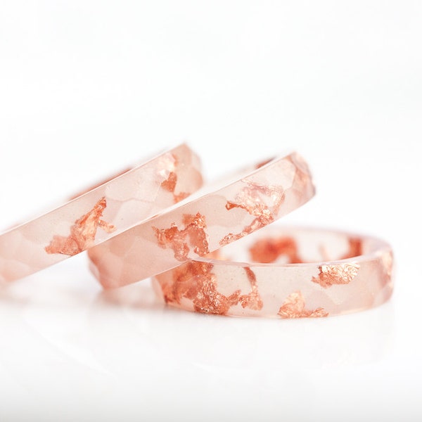 Peach Resin Stacking Ring Rose Gold Flakes Small Faceted Ring OOAK minimalist jewelry