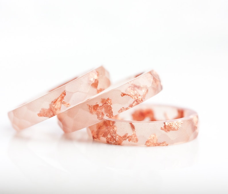 Peach Resin Stacking Ring Rose Gold Flakes Small Faceted Ring OOAK minimalist jewelry image 1