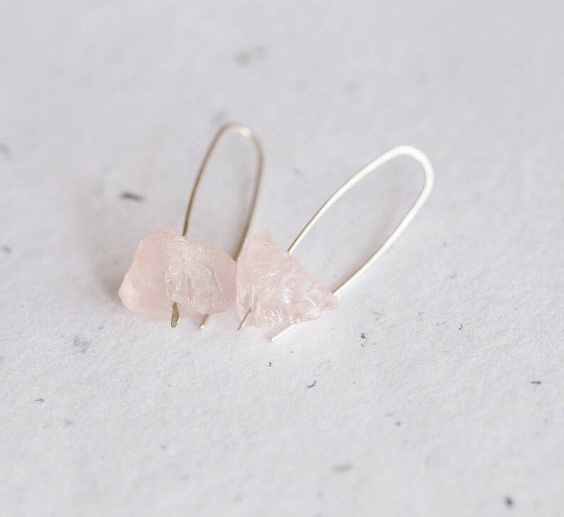 Raw Rose Quartz Modern Hook Earrings Argentuim Sterling Silver image 4