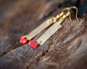 Long Dangle Red Coral Earrings OOAK