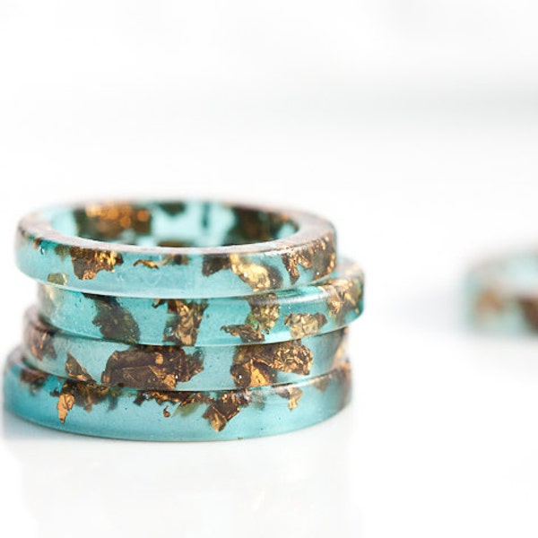 Mint Resin Stacking Ring Dark Gold Flakes Teal Thin Smooth Small Ring OOAK seafoam boho minimalist jewelry rusteam