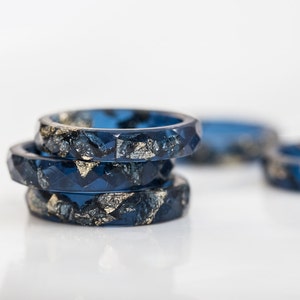 Deep Blue Resin Stacking Ring Gold Flakes Faceted Ring OOAK