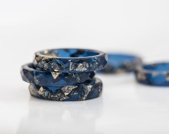 Deep Blue Resin Stacking Ring Gold Flakes Faceted Ring OOAK