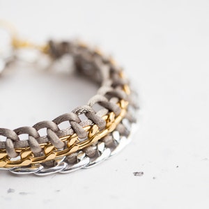 Khaki Chain Braided Bracelet Pastel Olive Cord friendship silver gold bracelet Modern minimalist jewelry image 1