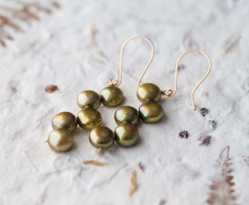 Willow Green Pearl Dangle Earrings 14K gold filled Olive Khaki bridesmaid jewelry weddings june birthstone image 9