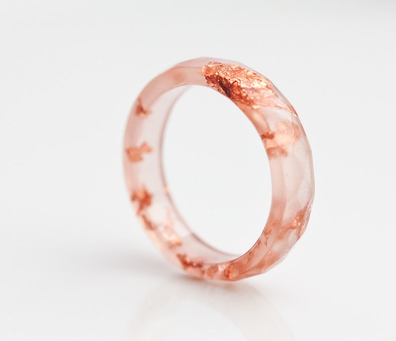 Peach Resin Stacking Ring Rose Gold Flakes Small Faceted Ring OOAK minimalist jewelry image 2