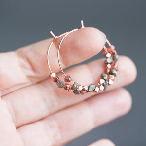 Pyrite Hoop Earrings Rose Gold Brass Modern boho Jewelry rough pyrite hoops minimal chic image 3