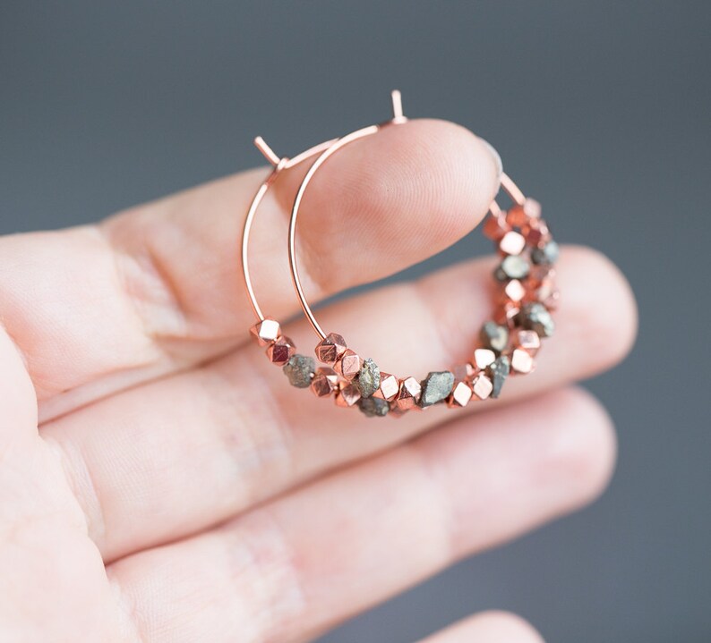 Pyrite Hoop Earrings Rose Gold Brass Modern boho Jewelry rough pyrite hoops minimal chic image 3