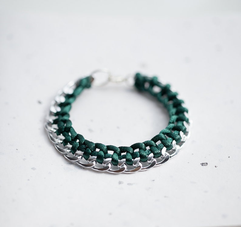 Emerald Chain Braided Bracelet Dark Teal Green Cord friendship silver gold bracelet Modern minimalist jewelry image 1