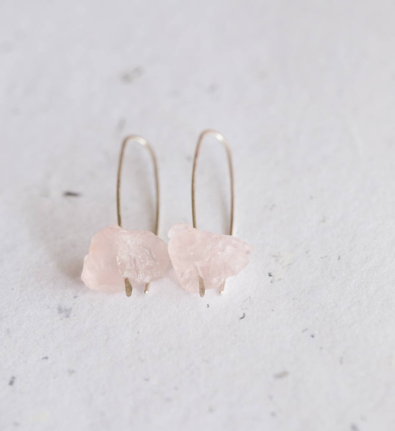 Raw Rose Quartz Modern Hook Earrings Argentuim Sterling Silver image 0
