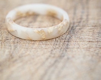 Vanilla White Resin Stacking Skinny Ring Gold Flakes Small Faceted Ring OOAK french minimal chic