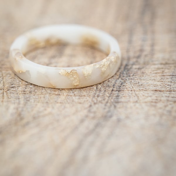 Vanilla White Resin Stacking Skinny Ring Gold Flakes Small Faceted Ring OOAK french minimal chic