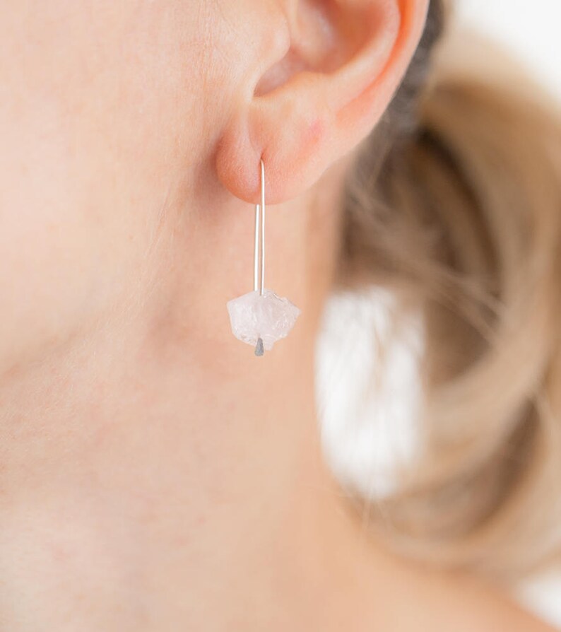 Raw Rose Quartz Modern Hook Earrings Argentuim Sterling Silver image 1