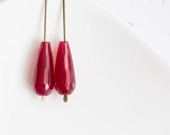 Oxidized Brass Burgundy Jade Drop Earrings: Modern Geometric Jewelry